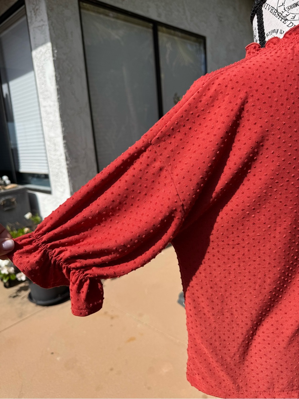 Madewell Rust Color Ruffle-Neck Dot Texture Blouse - Picture 5 of 7